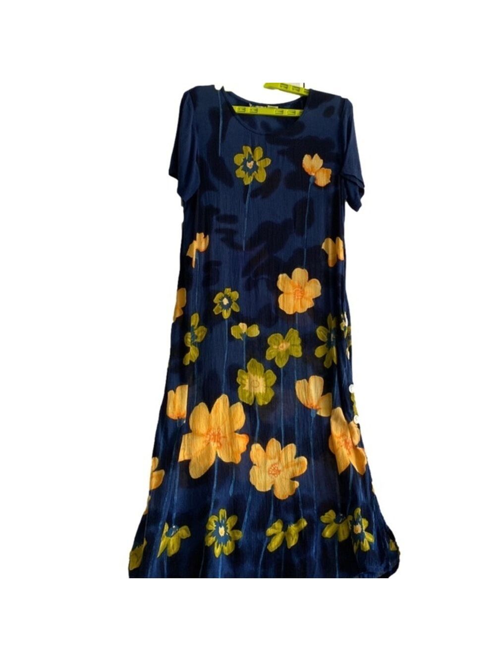 La Cera Midi Dress Round Neck 1/4 Sleeves Side Buttons and Slit Navy Floral Sm